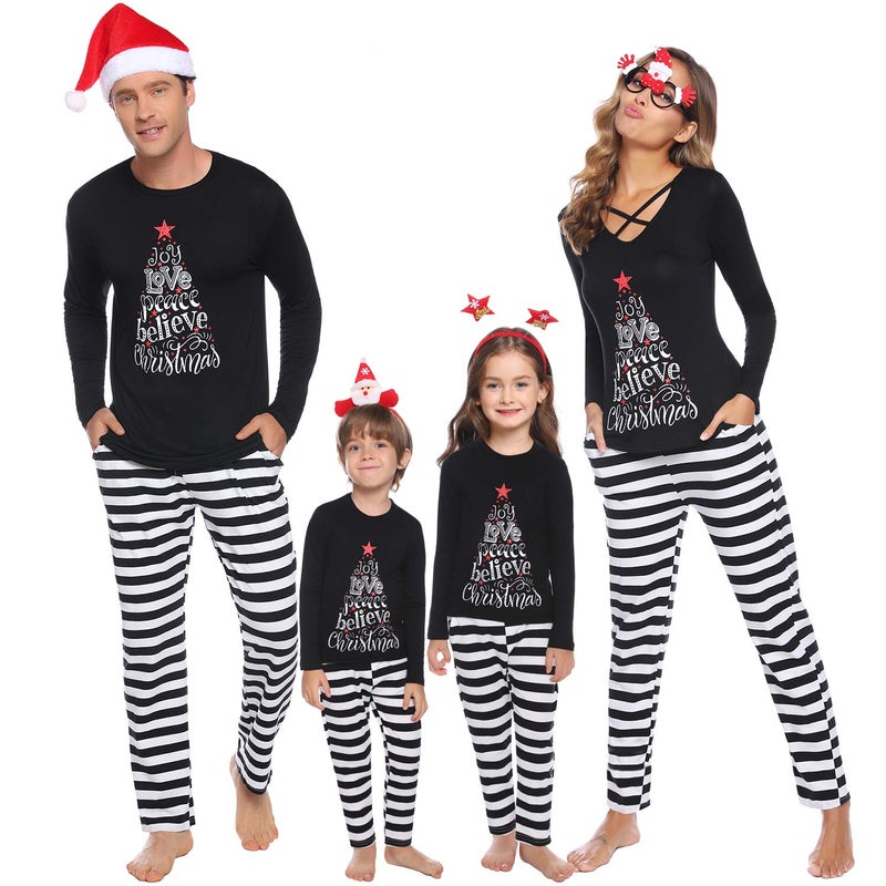 iClosam Matching Family Pajamas Set Striped Christmas Pajamas Sleepwear Dad Mom PJs Black - Image 1